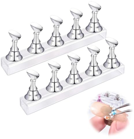 AEUXZA 2 Pièces Magnétiques pour Faux Ongles, Présentoir à Ongles avec Base Acrylique Argentée et 100 Autocollants, Support Nail Art pour Manucure, Exposition et Kit, Faux et Capsules (Argenté)