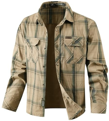 PADOLA Camicia a Quadri Uomo Button Down Manica Lunga con Tasca Camicie da Lavoro Casual Tops Regular Fit(XXL,Cachi)