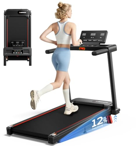 Abonow Tapis de Marche Inclinable 12% – Vitesse 1,0–10 km/h, Moteur Silencieux 3.0 CH, Tapis Roulant Pliable Compact avec Rampe, 3-en-1 Marche/Jogging/Bureau, Charge Max. 136 kg