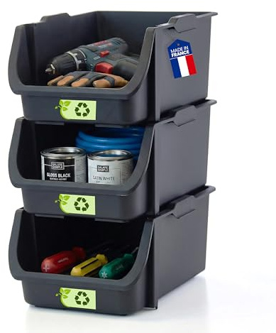 Iris Ohyama, Cajas de Almacenaje con Apertura Frontale, Organizadores Apilables de Plástico, Juego de 3, Cajas de Boca de Lobo para Ropa, Baño, Lavandería, Armario, SBIN-S, Negro