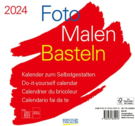 Foto-Malen-Basteln Bastelkalender quer weiß 2024: Fotokalender zum Selbstgestalten. Do-it-yourself Kalender mit festem Fotokarton. Format: 24 x 21,5 cm
