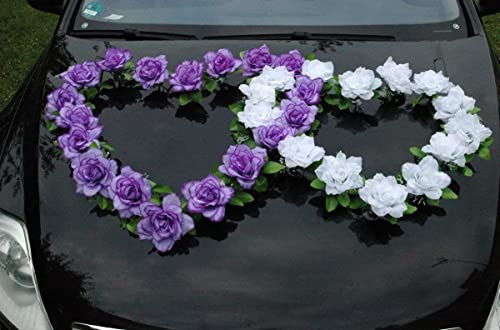 DOPPEL Herz Auto Schmuck Braut Paar Rose Deko Dekoration Autoschmuck Hochzeit Car Auto Wedding Deko Ratan (Reinweiß/Lila)