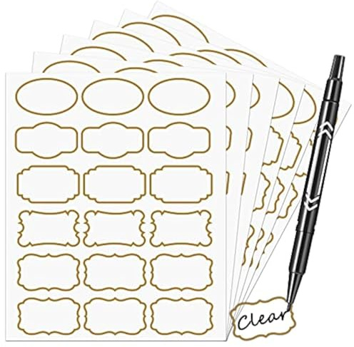 Nardo Visgo Transparent Clear Stickers with Trendy Golden Border,Removable Waterproof Transparent Jars Labels in Assorted Sizes for Jars,Storage Containers or Craft Decoration,93pcs