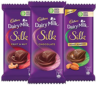 Cadbury Dairy Milk Silk Small Chocolates Combo (2 x Plain 60g, 2 x Roast Almond with whole nuts 58g and 2 x Fruit and Nut 55g)