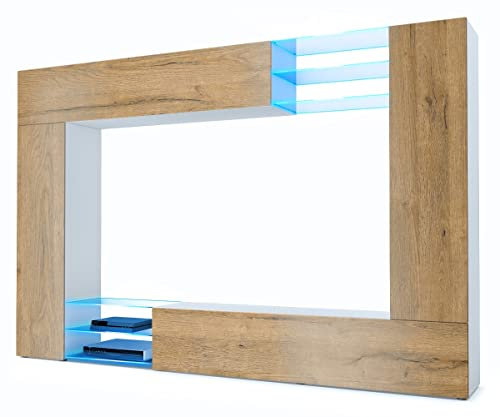 Vladon Meuble TV Mural Mirage, Ensemble étagère TV avec Panneau arrière et 2 Portes, 2 clapets et 6 étagères en Verre, Blanc Mat/Chêne Nature, éclairage LED Inclus (262 x 183 x 39 cm)
