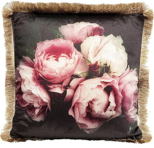 Kare Design Kissen Blush Roses, Sofakissen mit Fransenkanten, Dekokissen, mit Reißverschluss, 45x45cm, 51961, Schwarz/Bunt, 45x45x15cm