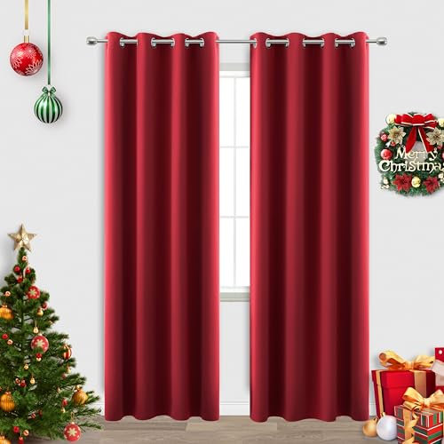 KOUFALL Red Curtains for Living Room,Blackout Grommet Winter Holiday Window Decorative Xmas Curtain Drapes 84 Inches Long 2 Panels Cortinas De Navidad para Sala Rojas