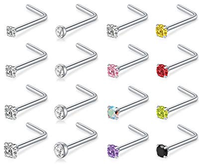 D.Bella 18G Piercing Nariz Pernos Espárragos Piercings Colocar Acero Quirúrgico Pendientes Nariz Nasal Forma L Recto Ópalo Cristal Piercing Joyas A:16 piezas CZ forma de L