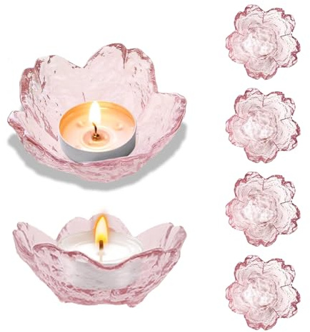 Glass Votive Candle Holders,Glass Seasoning Dishes,Cherry-Blossom Tea Bag Holders,Pink Flower Snack Dip Bowls,Set of 6 Tealight Pillar Trays for Party Housewarming Christmas Valentine Wedding Decor