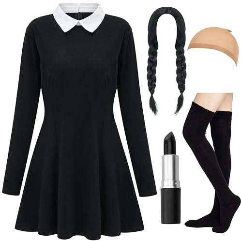 HMPRT Costumi di Halloween da donna - Abito nero a maniche lunghe con colletto bianco, parrucca intrecciata nera e calzino, nero, XX-Large
