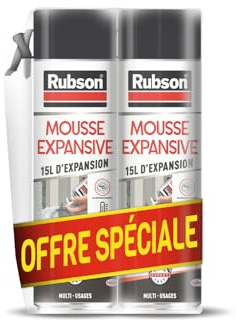 Rubson - Mousse Expansive Multi-Usages (lot de 2x345 ml) Blanche – Mousse polyuréthane pour isolation, calage et rebouchage – 15 litres d'expansion