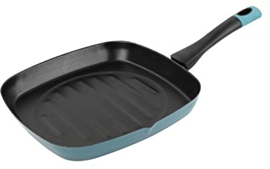 MAGEFESA Lotus - Asador cuadrado 28 cm de Acero vitrificado Exterior Azul. Antiadherente bicapa Reforzado, Apto para Todo Tipo de cocinas, Especial inducción. 50% de Ahorro energético.