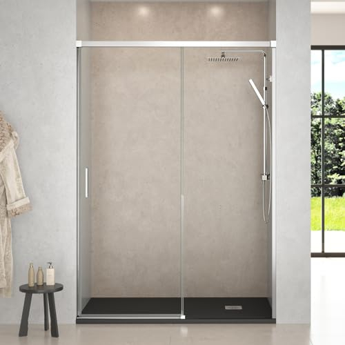 Mampara Ducha Frontal Corredera 1 Puerta Corredera 1 fijo | Cristal templado 6mm Antical Transparente | Altura 195cm | Perfilería Cromo Brillo | 150cm (Adaptable 144-149cm)