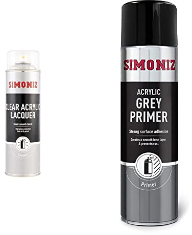 SIMONIZ Holts LOYSIMP22C Clear Acrylic Lacquer, 500 ml & Holts LOYSIMP11C Spray Paint, 500 ml, Grey Primer