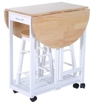 Kitchen Dining Table and Chairs Small Folding Set Drop Leaf Breakfast 3pc Wooden Space Saving Wheels 2 Stools Cafe Compact Bar Pub Furniture