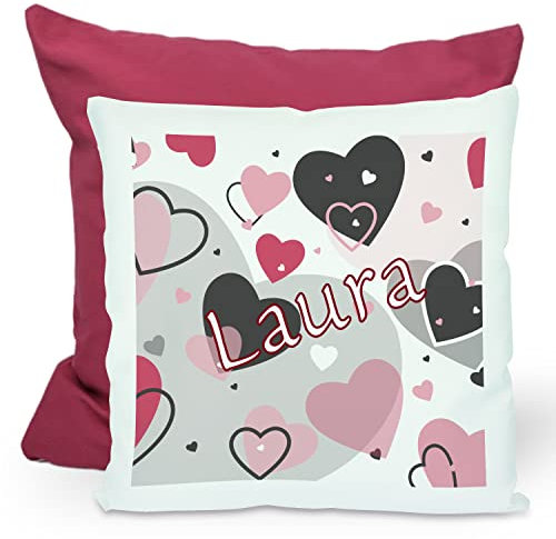 CreaDesign, Kinder Kissen 40x40 cm personalisiert mit Namen, Kinderzimmer Deko Kissen Kinder mit Füllung Federn, Motiv Herz rosa grau, Rückenfarbe Lila