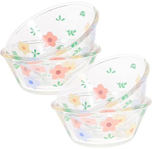 PAREKS Glas-Rührschüssel, Blumenmuster, 4 Stück, rund, transparent, Suppenschüssel, Nudelschale für Nudeln, Dessert, Müsli, Snacks, Reis, Nudeln, Eiscreme, klare Glasschale