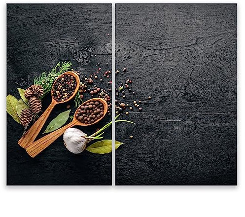 SMTDeco Herdabdeckplatte 30x52+35x52 cm – ESG gehärtetes Glas, kratzfest & rutschfest – Spritzschutz & Schneidebrett – für Induktion/Ceranfeld – 1-teilig, Motiv Zweiteilig Kräuter Grau