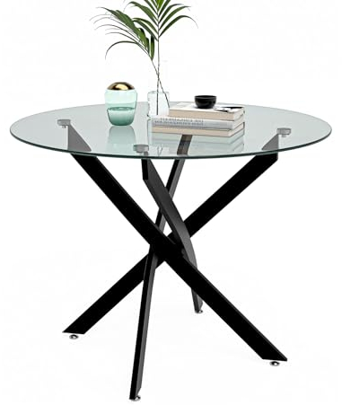 NIERN Round Dining Table for 2-4, 31.5 Inch Tempered Glass Small Circle Kitchen Table with Metal Black Legs, Modern Dining Room Table for Kitchen Dining Room (Black)