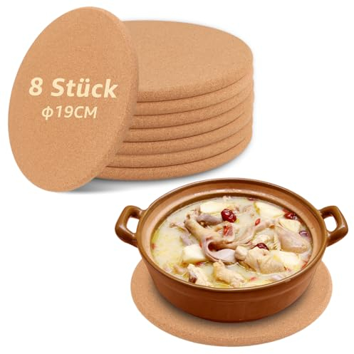CYEER 8 Stück Topfuntersetzer Kork, Korkuntersetzer Rund, Ø19cm Untersetzer Kork, 1cm Dicke Korkuntersetzer Rund Topf, Untersetzer Topf, Korkuntersetzer Pfanne für Töpfe, Auflaufform, Pfannen