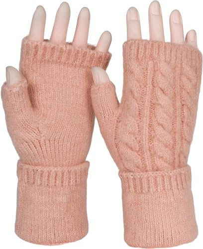 styleBREAKER Damen Fingerlose Strickhandschuhe Zopf | 20x9 cm Maß, eingewebter Metallic-Faden, elastische Einheitsgröße für Erwachsene, volle Bewegungsfreiheit, wärmendes Gewebe.
