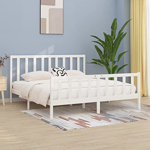 Gecheer Massivholzbett Komfortbett Bettrahmen Bettgestell Holzbett Seniorenbett Doppelbett/Einzelbett Jugendbett Landhausbett Gästebett Betten Bett, mit Kopf- und Fußteil,Weiß 200x200 cm