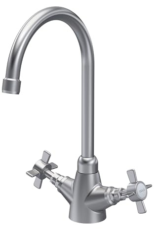 Balterley Kitchen Tap with Dual Crosshead Handles, Mono Kitchen Mixer Tap, Brushed Nickel Mono Mixer Taps for Sink, Round Base with Curved Spout Taps for Sink - 180 x 165 x 345mm (Brushed Nickel)