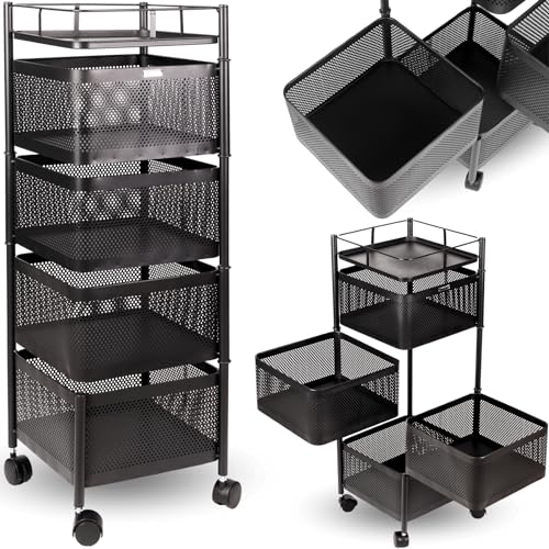 holz4home deluxe4home® Rollwagen Eckig mit 4 Ebenen I Gitterwagen Küchenwagen Schwarz I Aufbewahrungswagen Obstwagen Mehrzweckwagen für Küche Keller