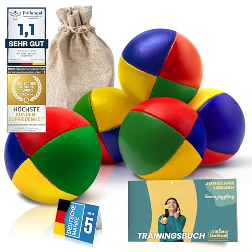 all Kids United® Jonglierbälle im 5er Set; Professionelles Jonglierball-Set im Jute-Beutel; Weiche Juggling Balls für Anfänger & Fortgeschrittene mit Gratis E-Book zum Trainieren