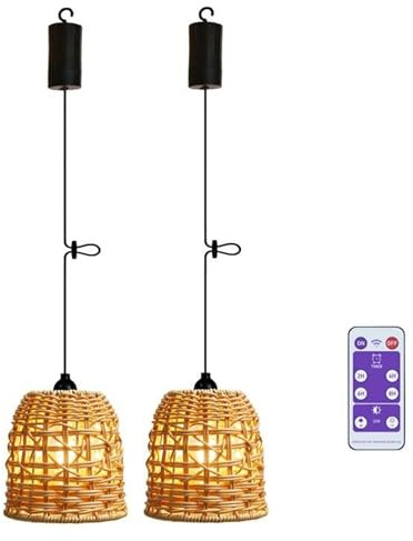 EcoGehen 2x Boho Hängelampe mit Batterie Outdoor Akku Pendelleuchte ohne stromanschluss Batteriebetriebene Lampe Rattan Lampenschirm Deckenleuchte ohne Strom für Garten Weihnachten Party Geschenk