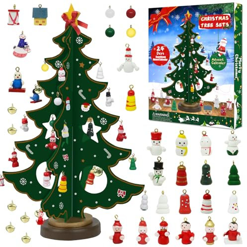 2024 Adventskalender Hölzernen Weihnachtsbaum mit 35 Ornamenten 24 Tage Countdown bis Weihnachten Adventskalender Weihnachtsgeschenke für Erwachsene und Kinder, Geburtstagsgeschenke Home Decoration