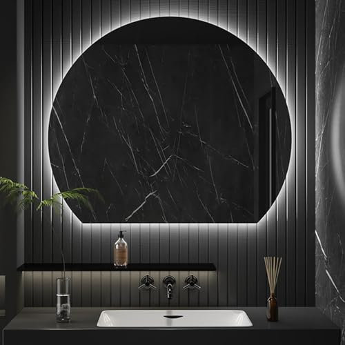 DQRMVV Kreativer Halbrunder LED-Spiegel, Badspiegel, 50x45cm|60x54cm|70x63cm|80x72cm Wandspiegel, 3 Farben, Dimmbar, Beleuchteter Spiegel, Unten, Links, Rechts(Size:60x54cm,Color:Unterer Schnitt)
