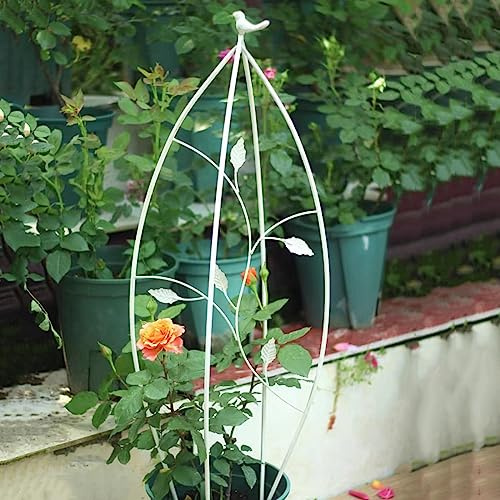Treillis d'escalade vintage en fer pour plantes grimpantes, fleurs, arbustes, légumes, style vieilli avec décoration d'oiseau (blanc)