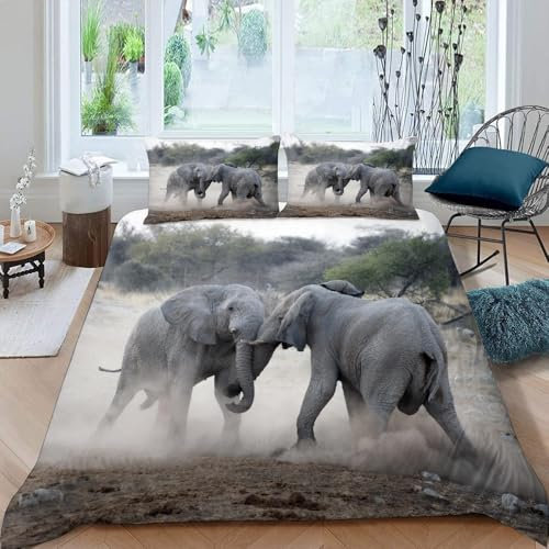 DILANI Elefant Bettwäsche-Set 135x200cm Afrika Tiere 3D-Druck Weiche Mikrofaser 3 Teilig Bettbezüge mit Reißverschluss und 2 Kissenbezüge 80 x 80 cm für Erwachsene Kinder