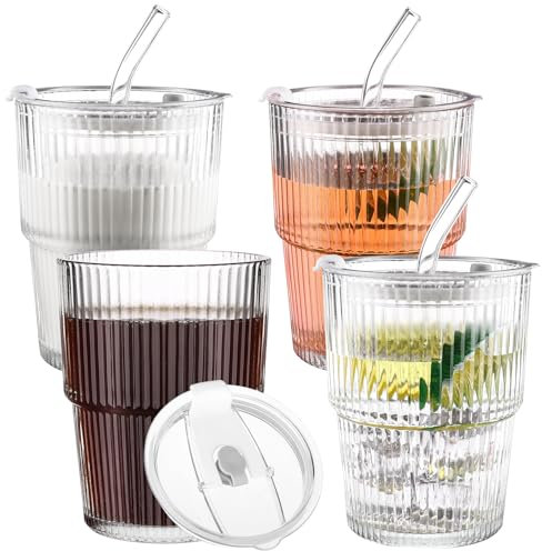 4 Pcs 16 OZ Iced Coffee Cups Ripple Glass Drinking Tea Juice Cup with Lids Straws Ribbed Clear Glasses Cups Reusable Water Glasses Tumblers for Home Kitchen Office Smoothie and Cold or Hot Drinks