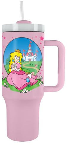 Pyramid International - Tumbler Mario - Principessa Peach - Tazza termica con cannuccia e manico - 1,2 L - Thermos caldo e freddo