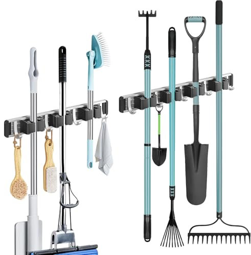 GRKJGytech Besenhalterung Wand,7 Halter und 9 abnehmbare Haken Haken,Besen Mop Halter,Gartengerätehalter Wand,Bohrinstallation Mop Halter