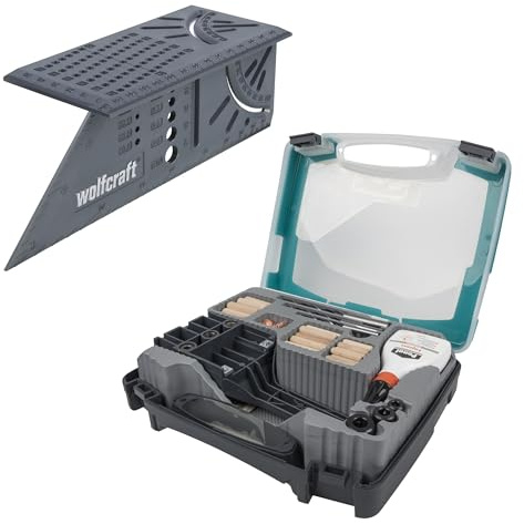 wolfcraft Projekt-Set „Dübelverbindungen“ - 8636000 - Komplettset für alle gängigen Holzdübelverbindungen - 3D Gehrungswinkel und Meisterdübler
