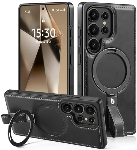 Lunivop for Samsung Galaxy s25 Ultra Case PU Leather With Kickstand Black | 【Compatible with Magsafe】Grip Strap Lanyard Leather Ring Holder Kickstand Women Man Magnetic Phone Cases 6.9  2025