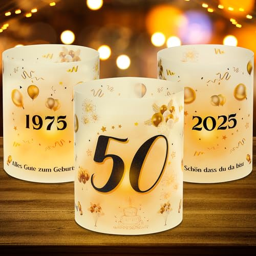 MestectPET 12 Windlichter 50. Geburtstag Dekoration, Gold, Kunststoff, Tischplatte, 27 x 10 x 10 cm, 100g, 'Schön DASS Du Da Bist', 'Alles Gute zum Geburtstag'