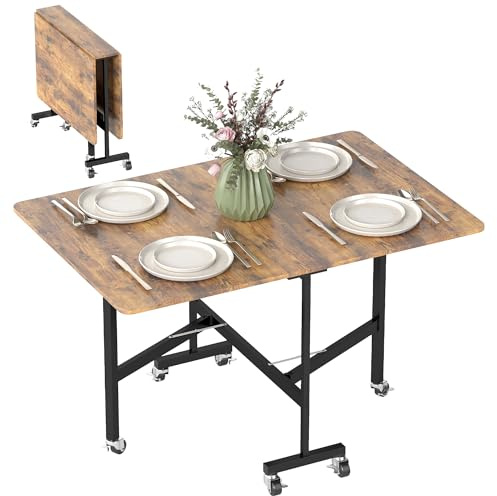HOMCOM Esstisch Klappbar für 4-6 Personen 120 x 80 x 73 cm Rustikal-Braun | Küchentisch, mit Rollen, Stahlbeine, Mobiler Klapptisch, Esszimmertisch, für Kleine Räume, Esszimmer, Küche