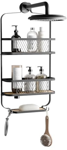 Zenna Home Dusch-Caddy, Badezimmer-Organizer mit 2 Bambusregalen und Seifenschale, einfach zu installierender Hängeradel, Mattschwarz