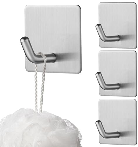 BOBOPACK 4 Stück Klebehaken aus Edelstahl, Haken Selbstklebend, Haken zum Kleben, Klebehaken Extra Stark, Handtuchhaken Ohne Bohren Kann an Wänden, Türen, Schränken, Bädern, Küchen, Schlafzimmern