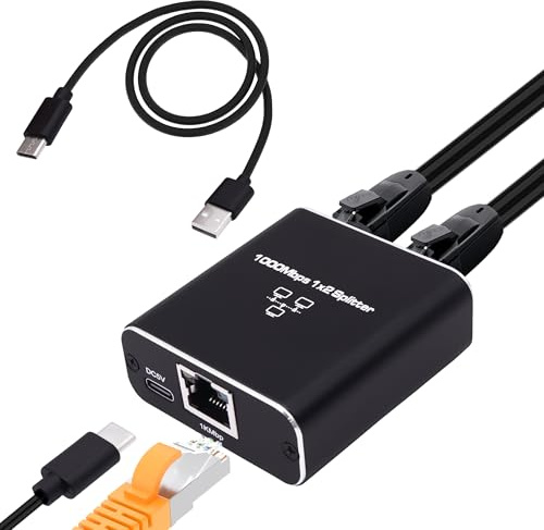YARCHONN Ethernet Splitter 1 auf 2 Gigabit RJ45 Ethernet Splitter 1000Mbps RJ45 Netzwerk Switch 8P8C Lane Internetverlängerer 1 in 2 aus Adapeter mit USB Kabel für Computer Hub, Router