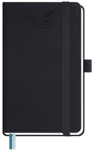 BEZEND Taschenkalender 2026 Klein 15,5 x 9 cm | Kalender 2026 Buchkalender 1 Woche 2 Seiten | Terminplaner 2026 Wochenplaner A6 mit Stiftschlaufe & PU-Leder Hardcover - Schwarz