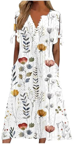 Dresses for Women UK, Holiday Essentials Ladies Summer Boho Dresses Short Sleeve Casual Beach Midi Sundress V Neck Hollow Out Eyelet Ruffle Swing A Line Flowy Vacation Dress