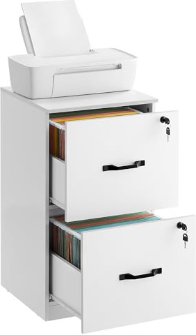 VASAGLE File Cabinet, Filing Cabinet for Home Office, Printer Stand, with 2 Lockable Drawers, Adjustable Hanging Rails, for A4 and Letter-Size Files, Cloud White OFC061W14
