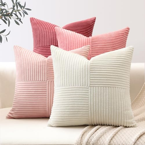 Sungeek 4er Set Cord Kissenbezüge, Kreuz Streifen Muster Kordsamt Kissenbezug Sofakissen Dekokissen Patchwork Design Deko Zierkissenbezüge Kissenhülle für Wohnzimmer (40x40cm, Creme Weiß Rosa)