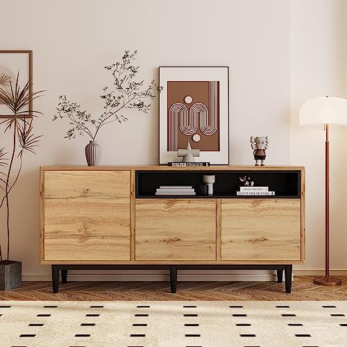 Aparador de 160 cm de Ancho con 3 Puertas estantes Abiertos cómoda de Madera Armario de Almacenamiento para salón Dormitorio Comedor Cocina Oficina Armario de Esquina Color Madera