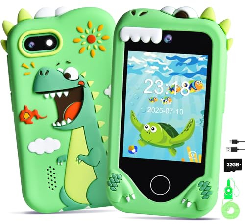 Jusvenmt Kids Smart Phone for Boys, 2.8“ Touchscreen Dinosaur Toy Phones Christmas Birthday Gift for Boy Ages 3-9, Toddler Play Learning Cell Phone with Dual Camera, Game, MP3 Player, 32GB Card, Green